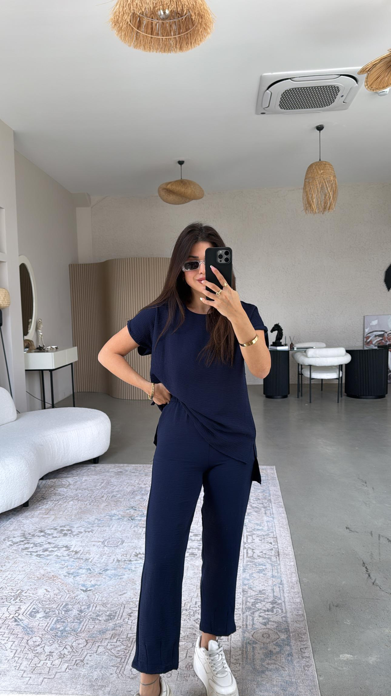 Lacivert Paça Pensli Pantolon Bluz Takım
