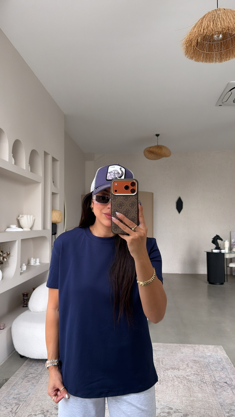 Lacivert Pamuklu Bisiklet Yaka Tshirt