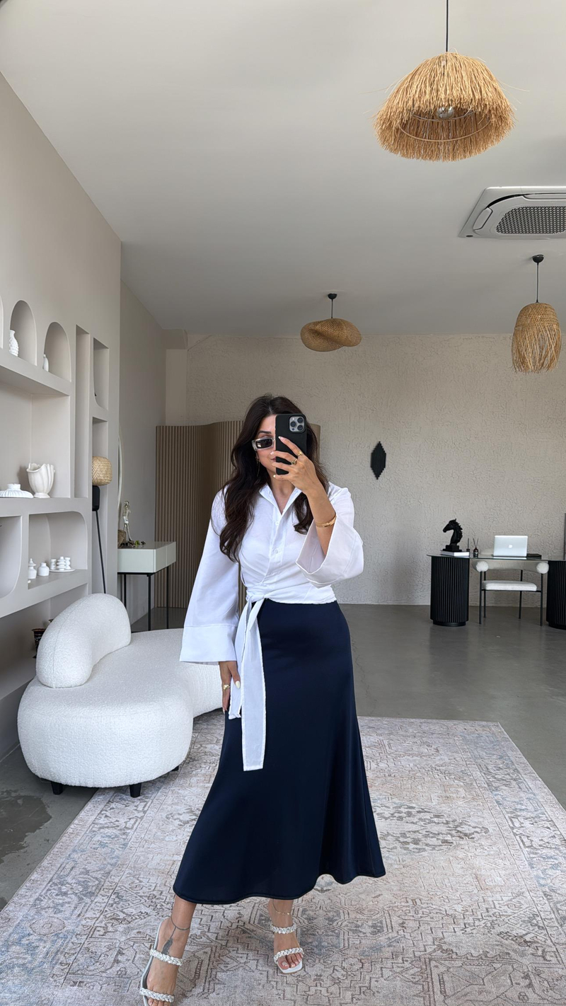 Lacivert Parlak Dökümlü Etek
