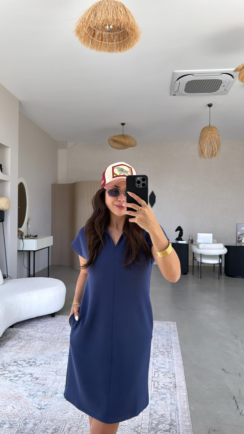 Lacivert Polo Yaka Çımalı Elbise