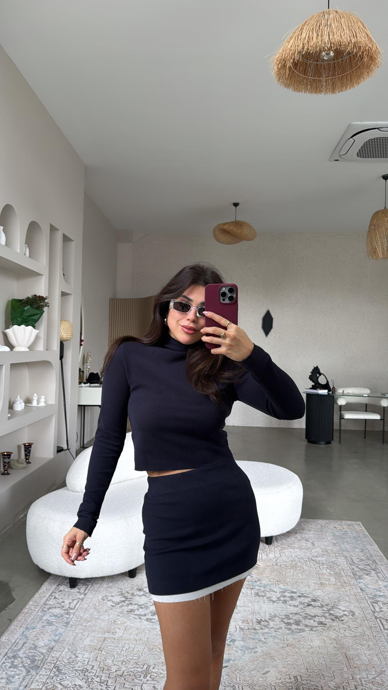 Lacivert Poplin Detaylı Mini Etek Bluz Takım