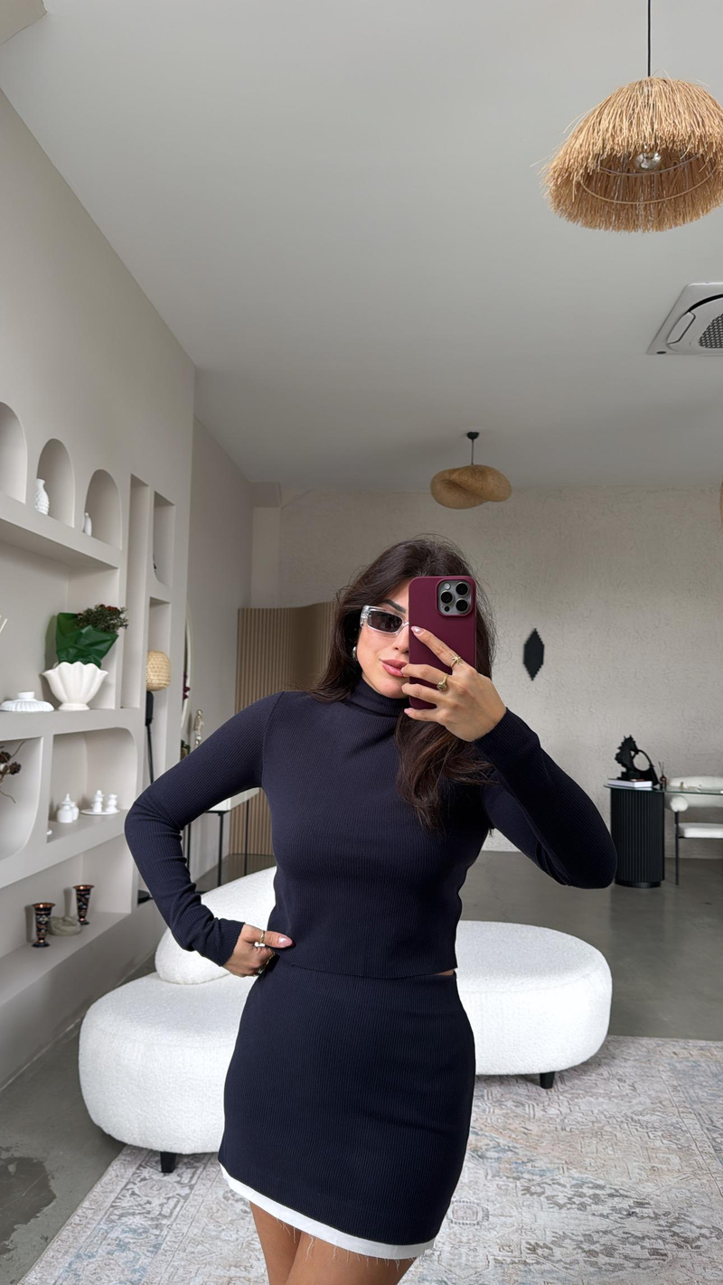 Lacivert Poplin Detaylı Mini Etek Bluz Takım