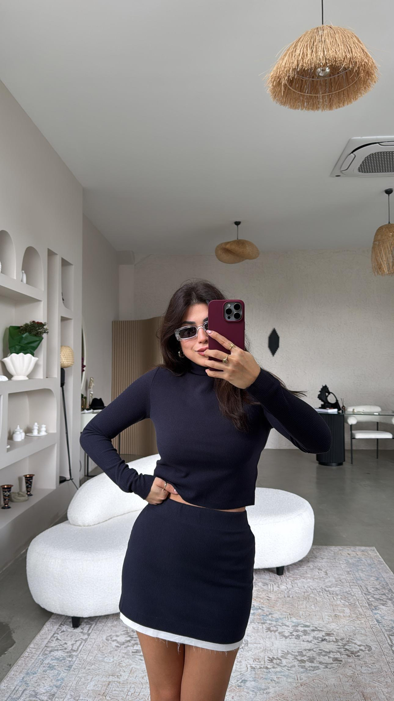 Lacivert Poplin Detaylı Mini Etek Bluz Takım