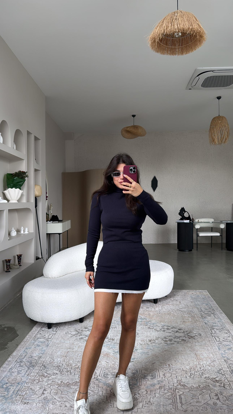 Lacivert Poplin Detaylı Mini Etek Bluz Takım