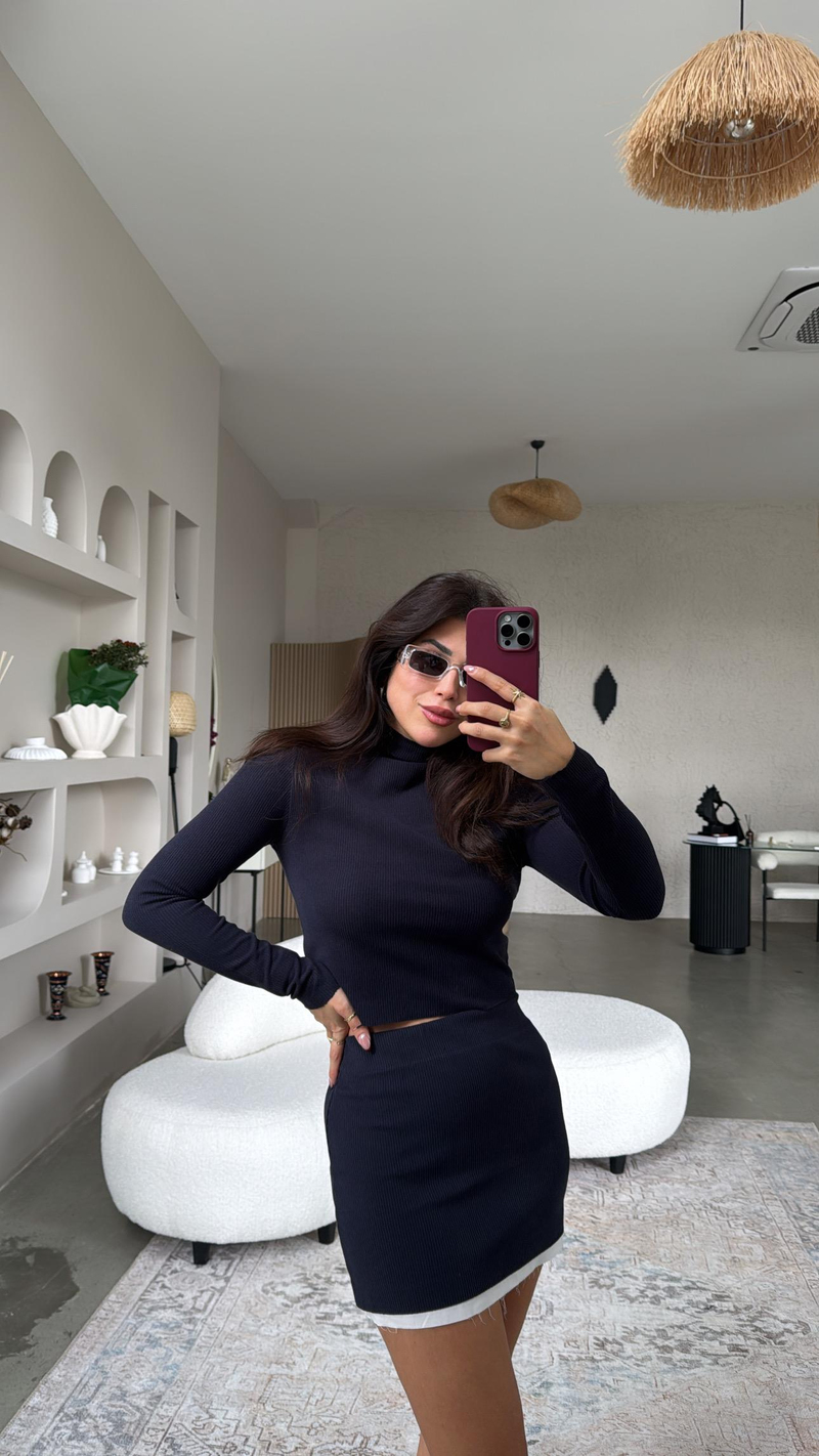 Lacivert Poplin Detaylı Mini Etek Bluz Takım