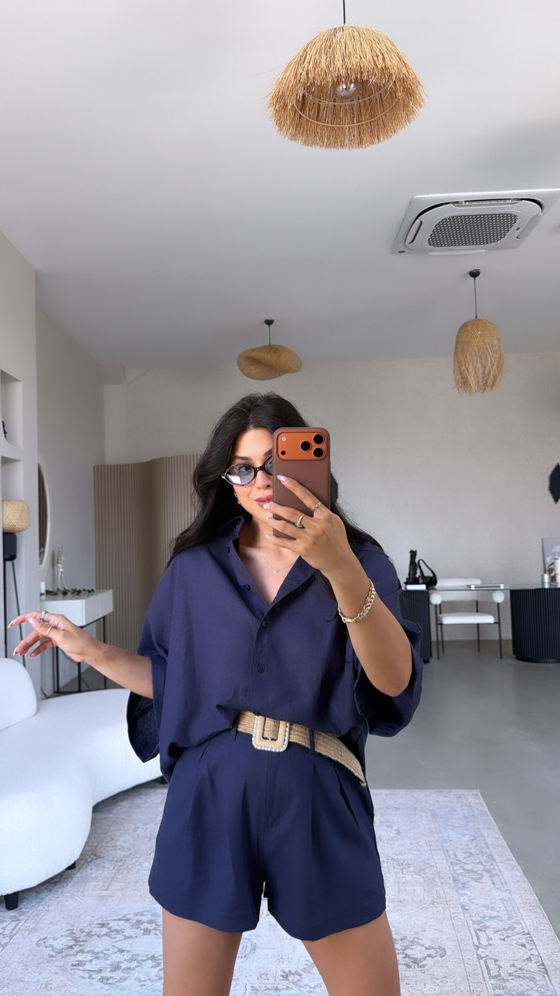 Lacivert Premium Hasır Kemerli Şort Gömlek Takım