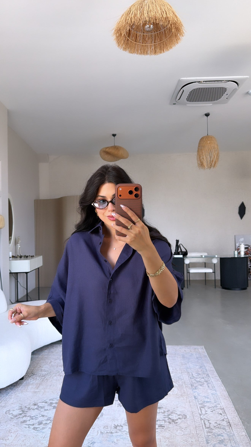 Lacivert Premium Hasır Kemerli Şort Gömlek Takım