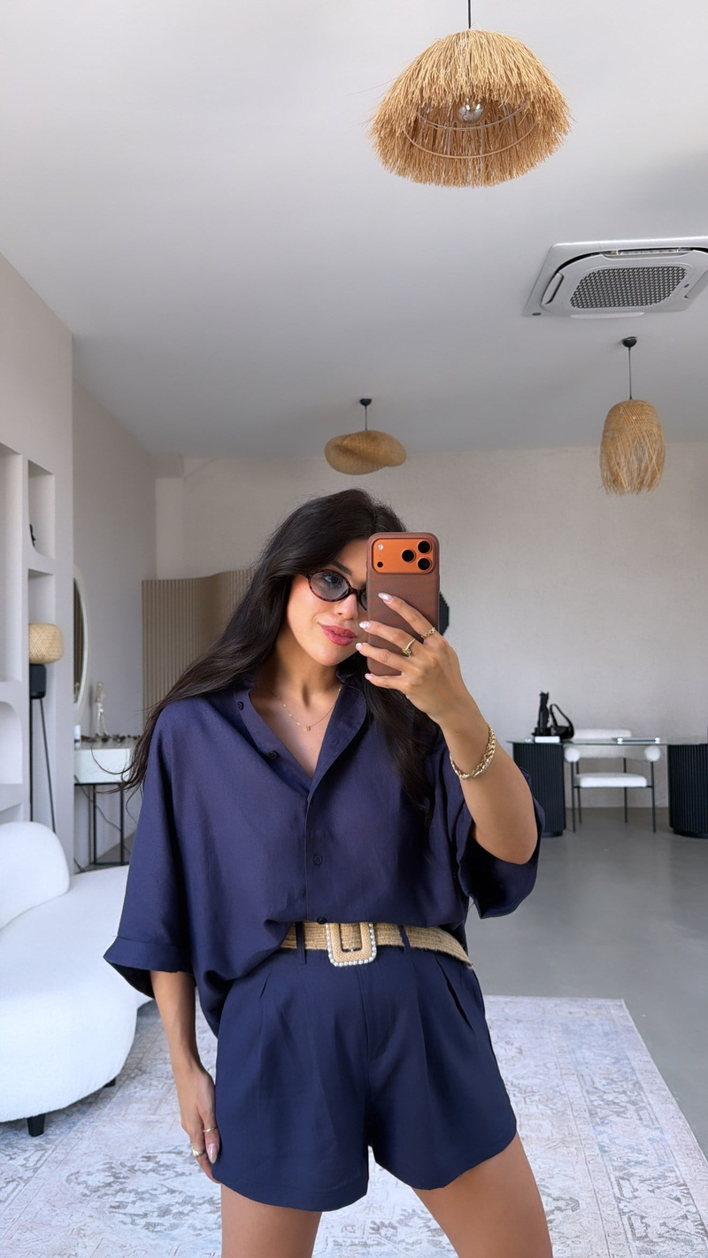 Lacivert Premium Hasır Kemerli Şort Gömlek Takım