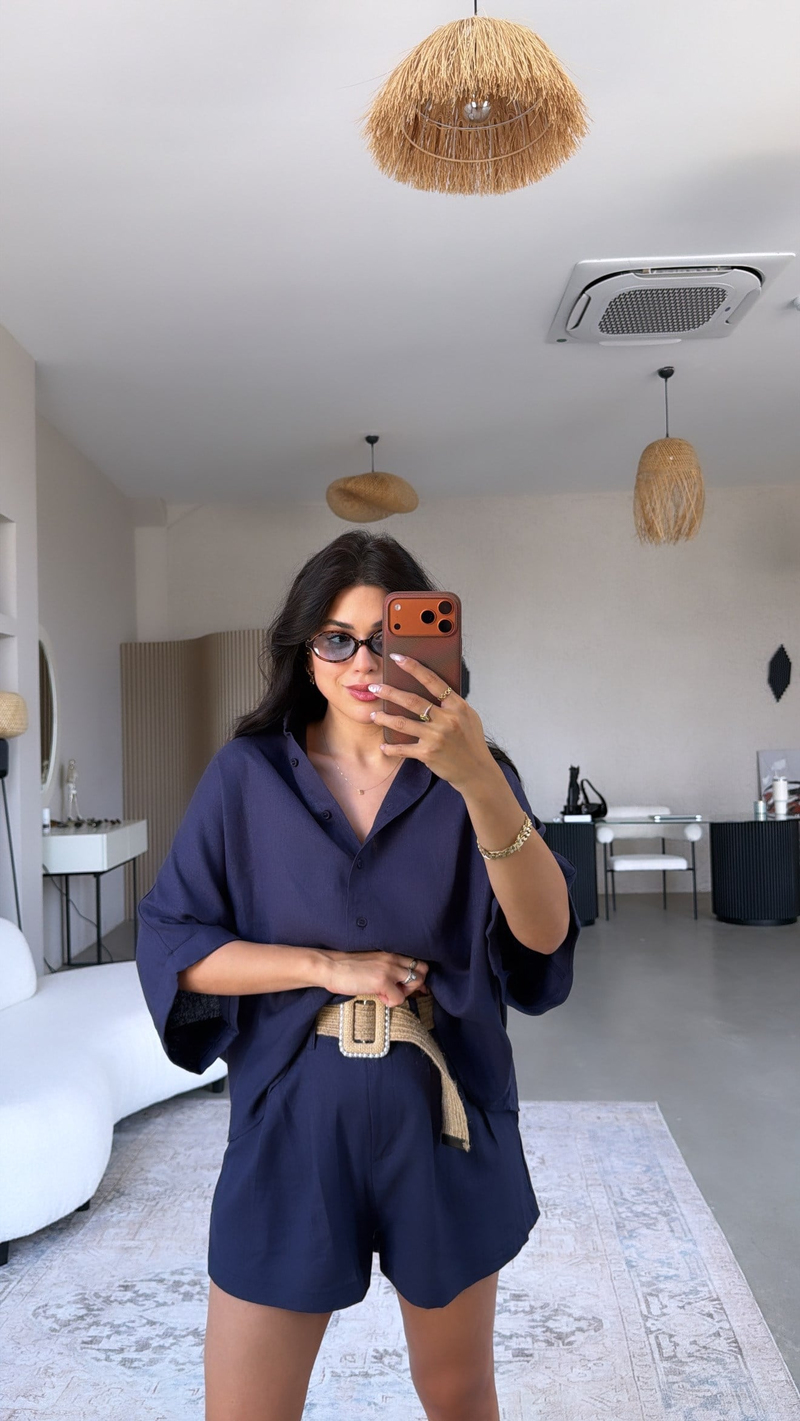 Lacivert Premium Hasır Kemerli Şort Gömlek Takım