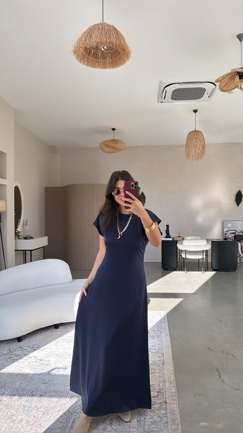 Lacivert Saten Maxi Elbise