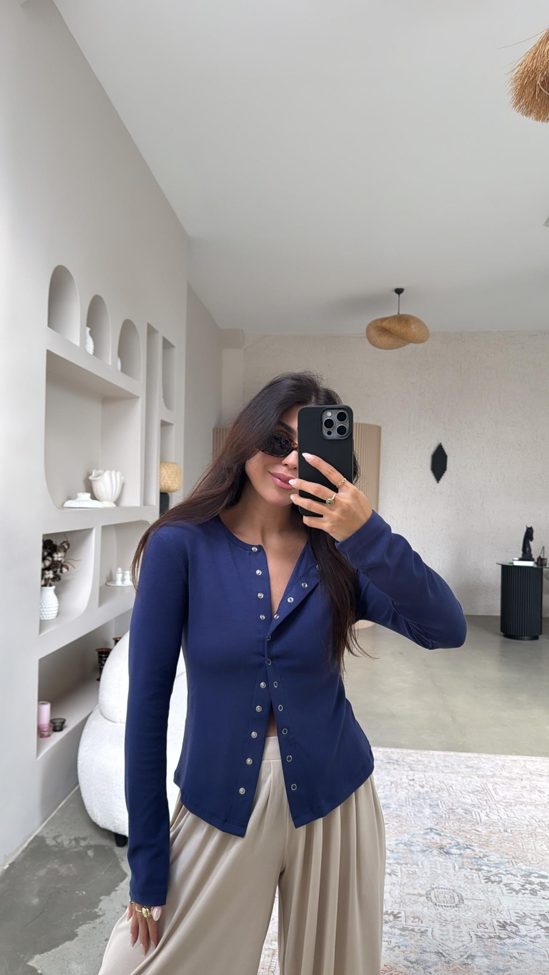 Lacivert Tam Boy Çıtçıt Modal Bluz