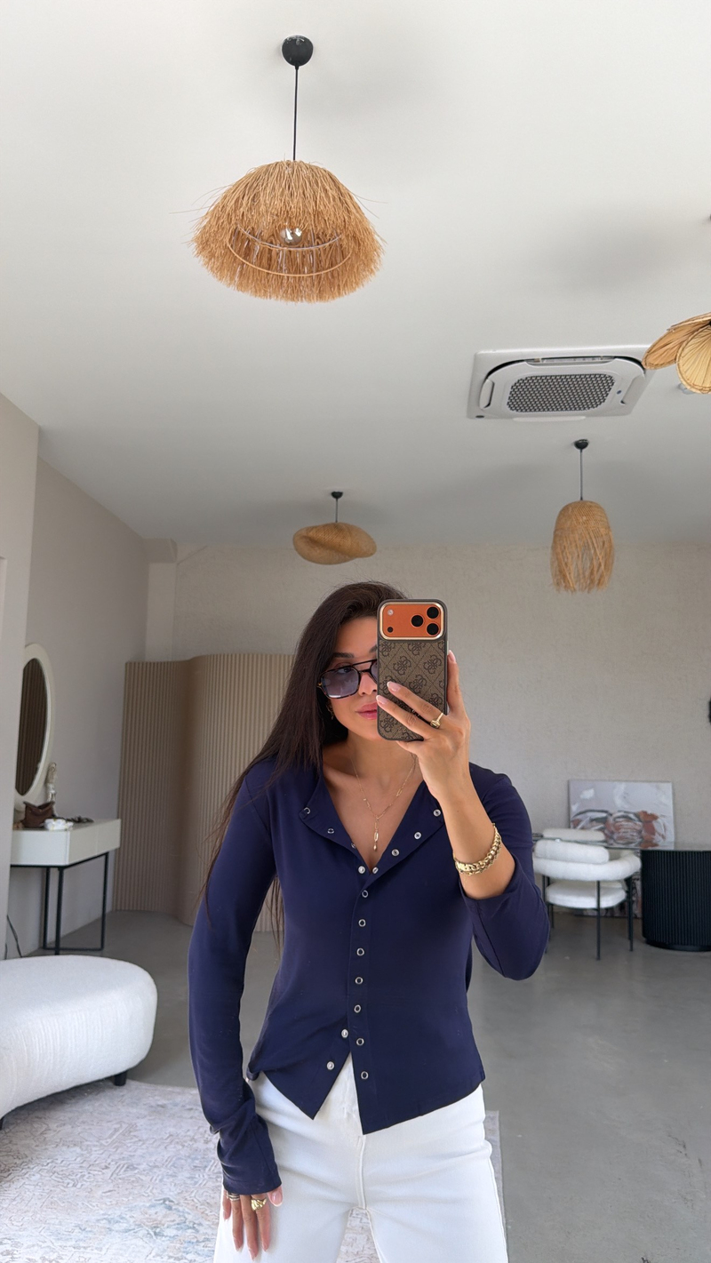 Lacivert Tam Boy Çıtçıt Modal Bluz