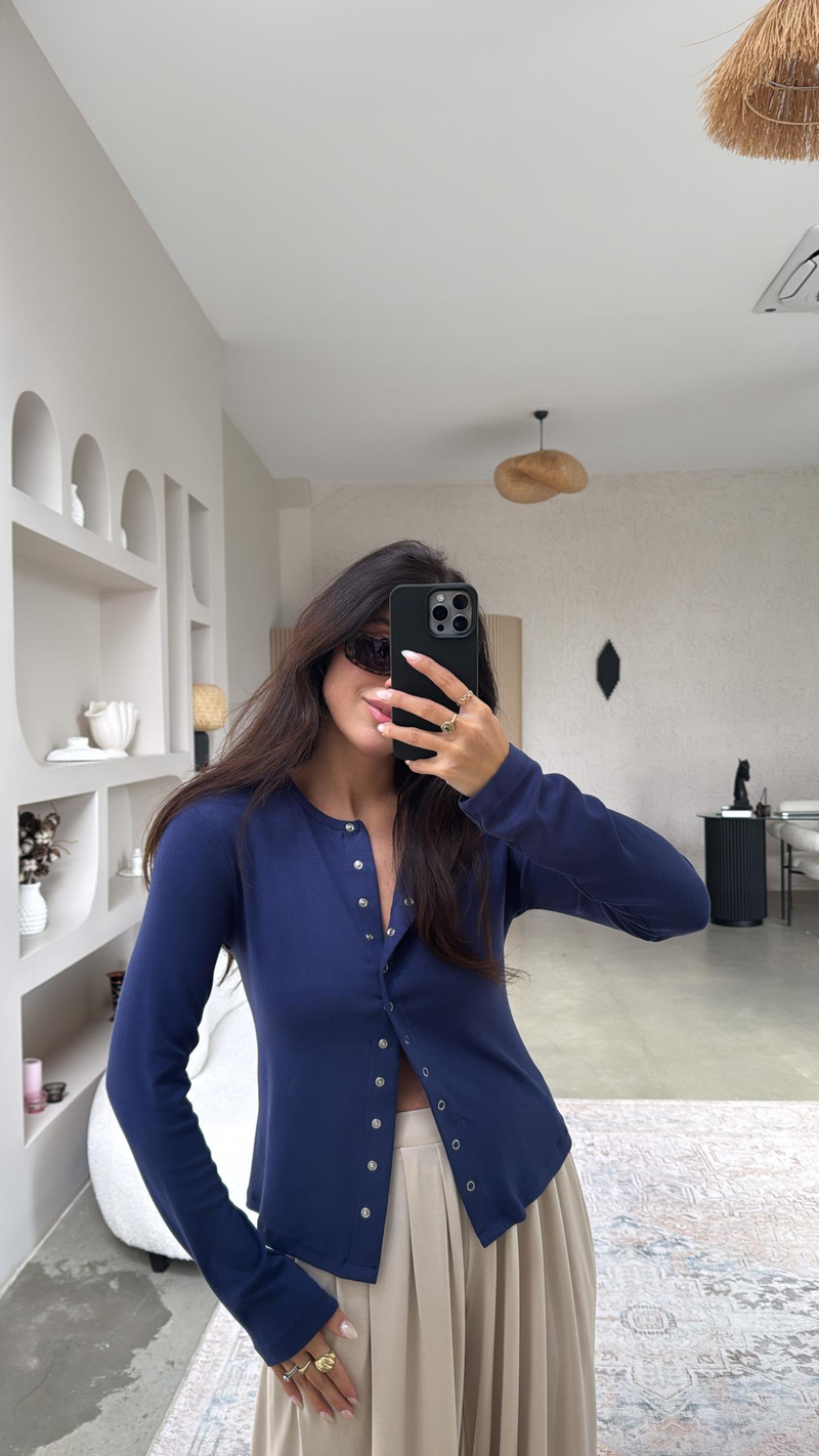 Lacivert Tam Boy Çıtçıt Modal Bluz