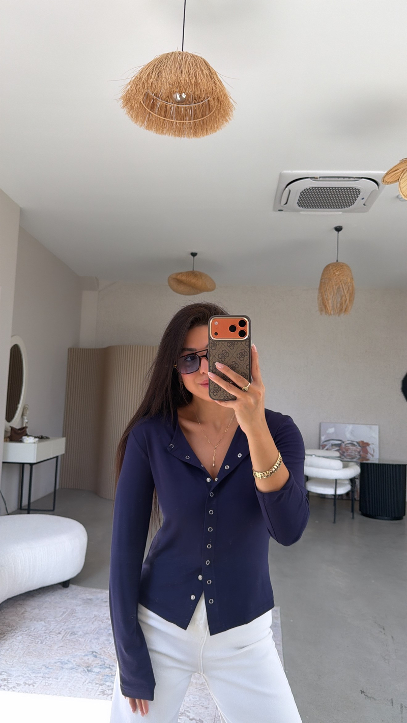 Lacivert Tam Boy Çıtçıt Modal Bluz