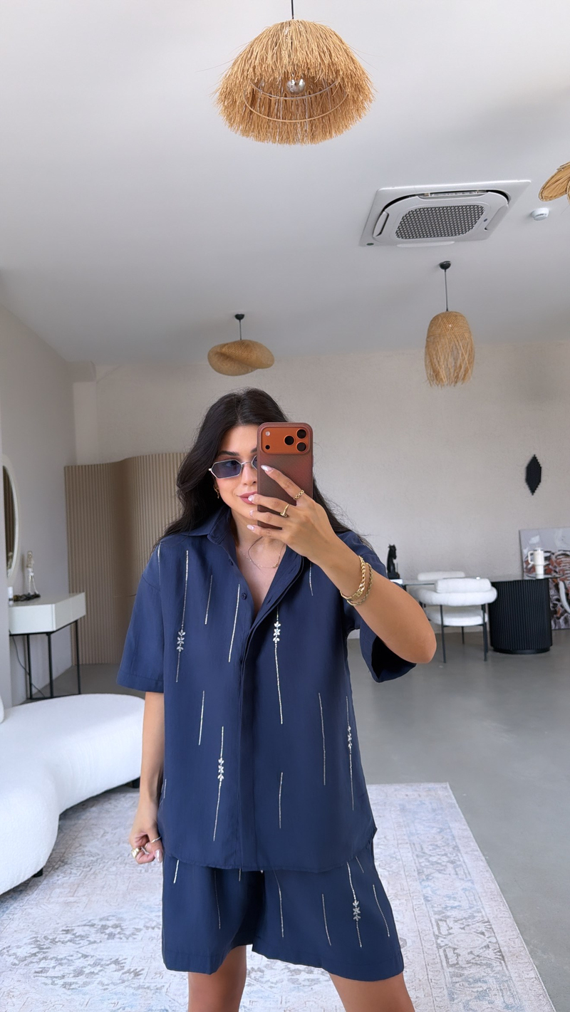 Lacivert Taşlı Tensel Bym Orj Şort Gömlek Takım