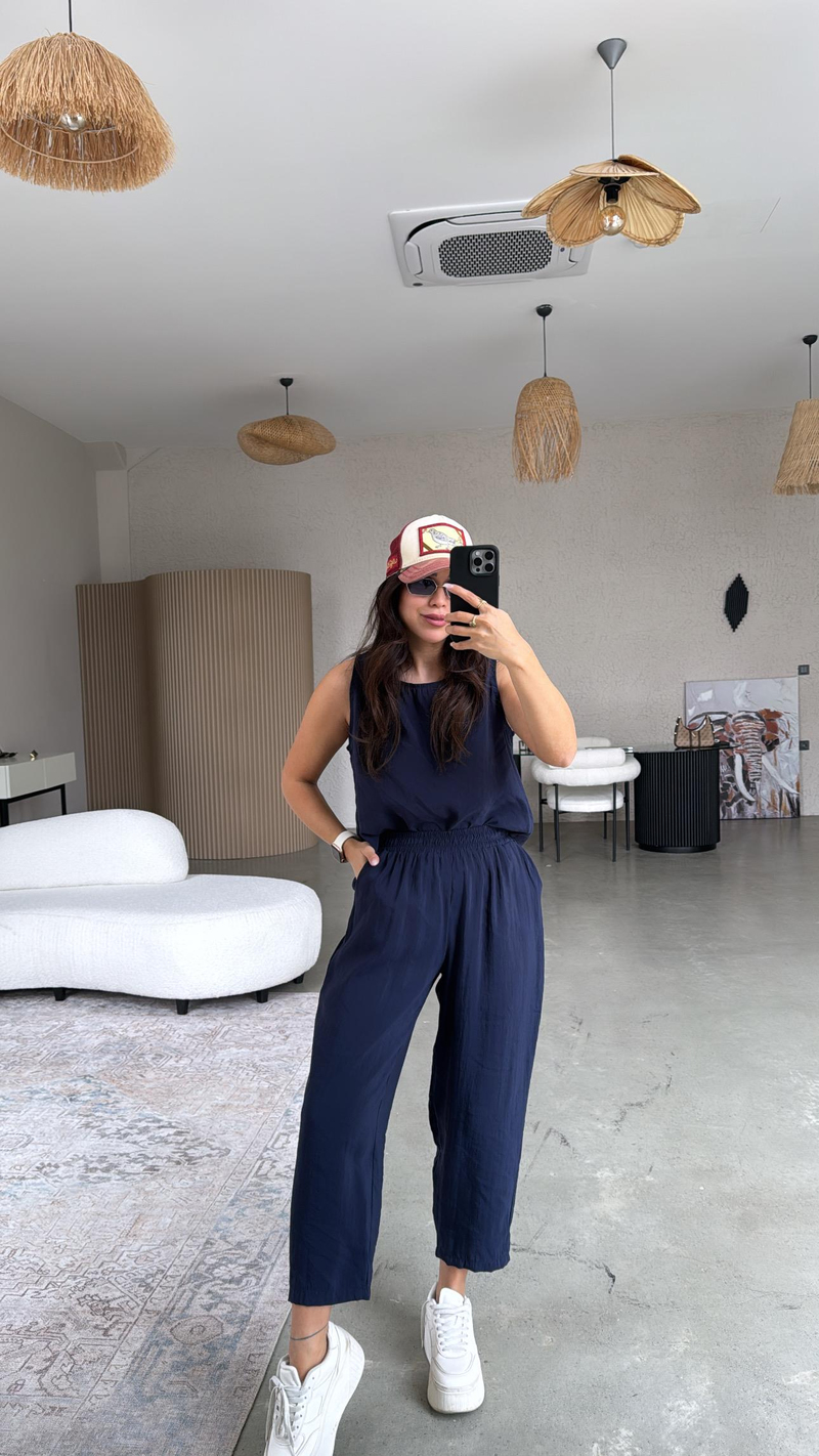 Lacivert Tensel Pantolon Bluz Takım