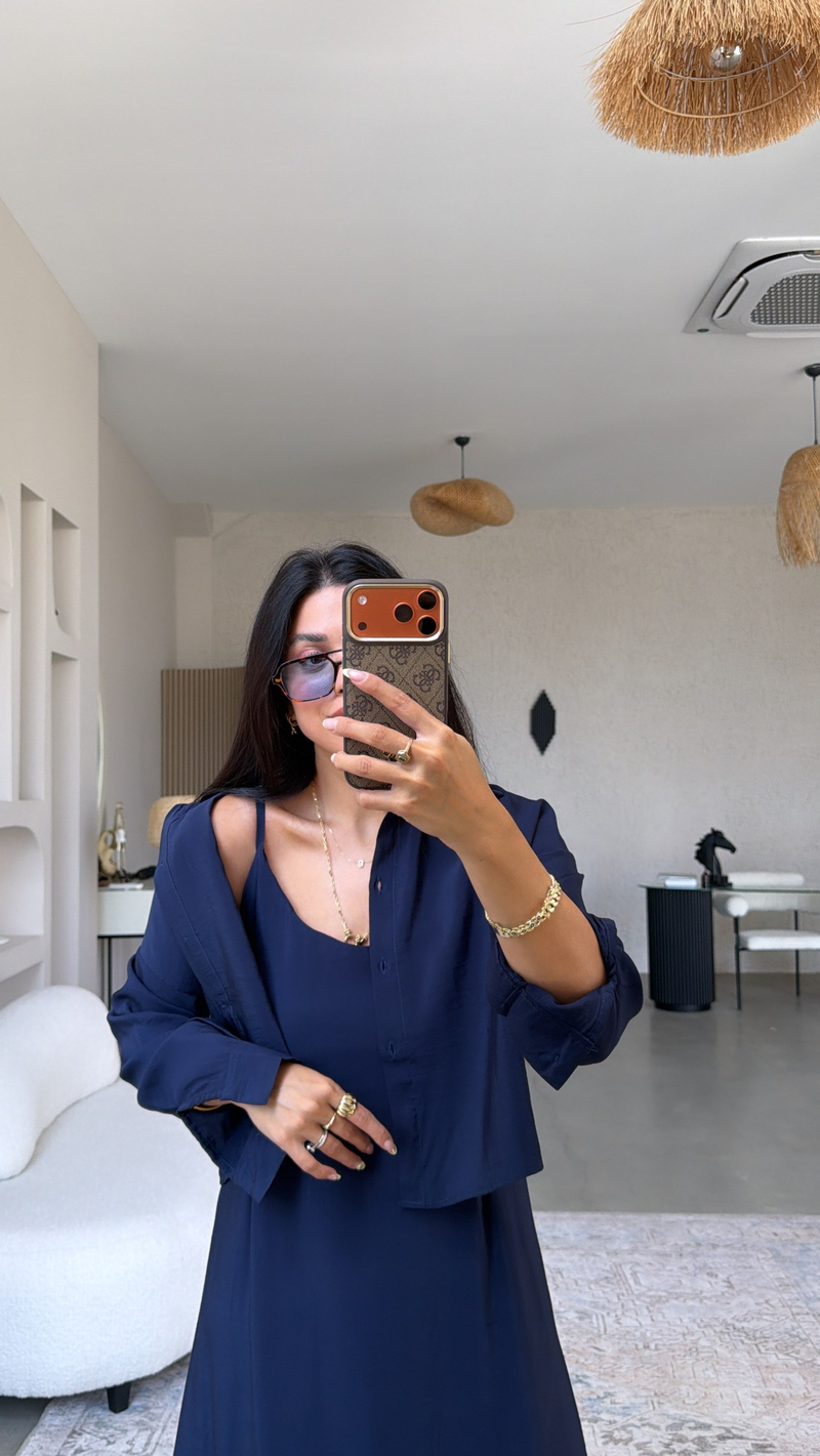 Lacivert Tensel Premium Gömlek Elbise Takım
