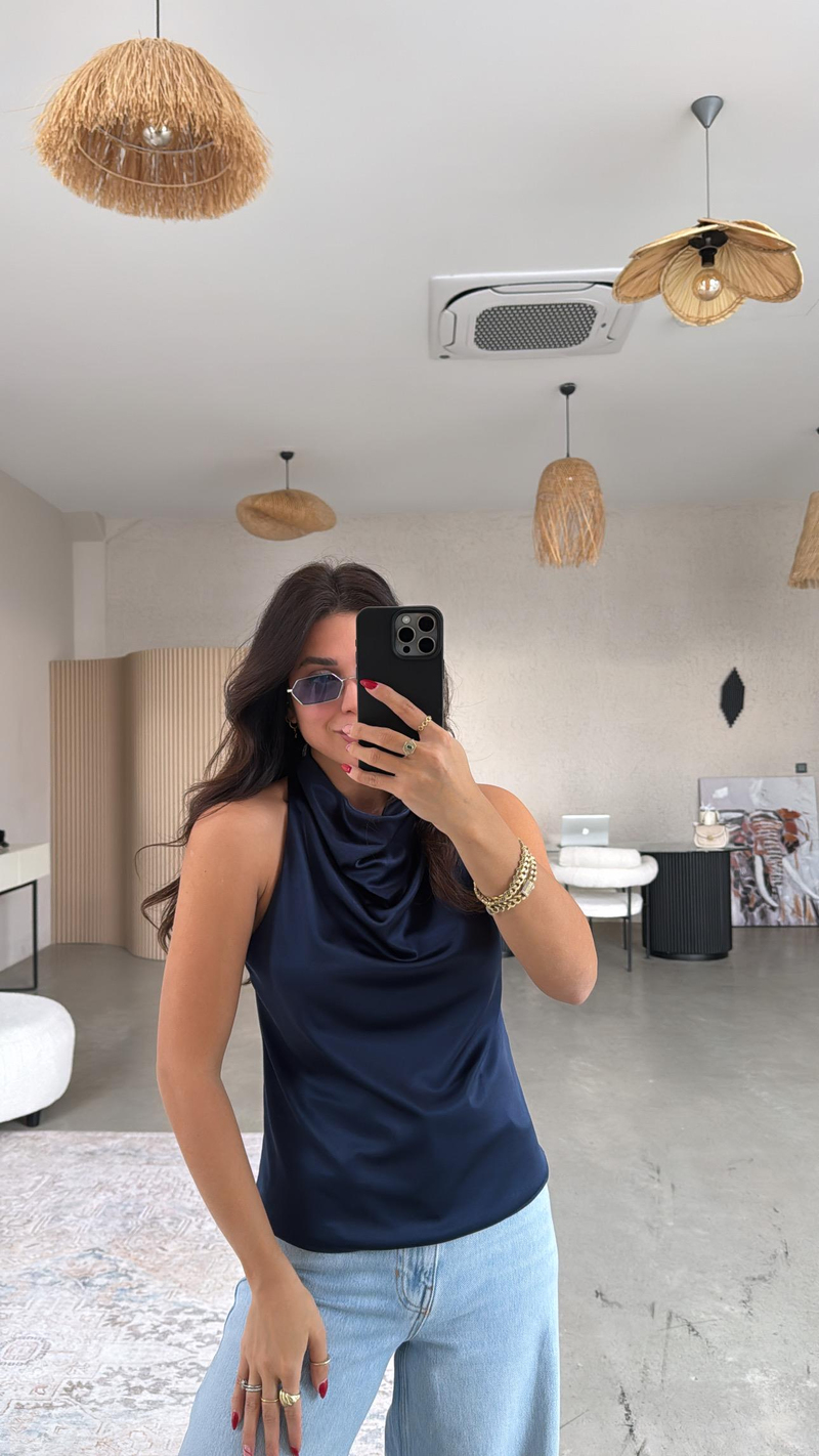 Lacivert Tok Saten Degaje Bluz