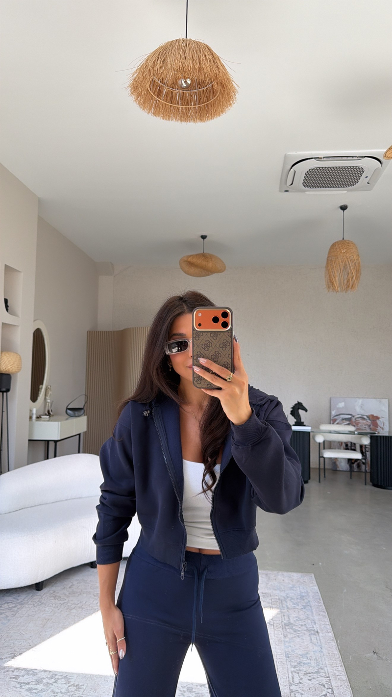 Lacivert Üç İplik Fermuarlı Crop Hoodie