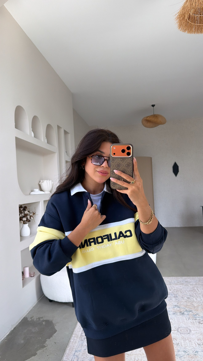Lacivert Üç İplik Yakalı California Sweatshirt