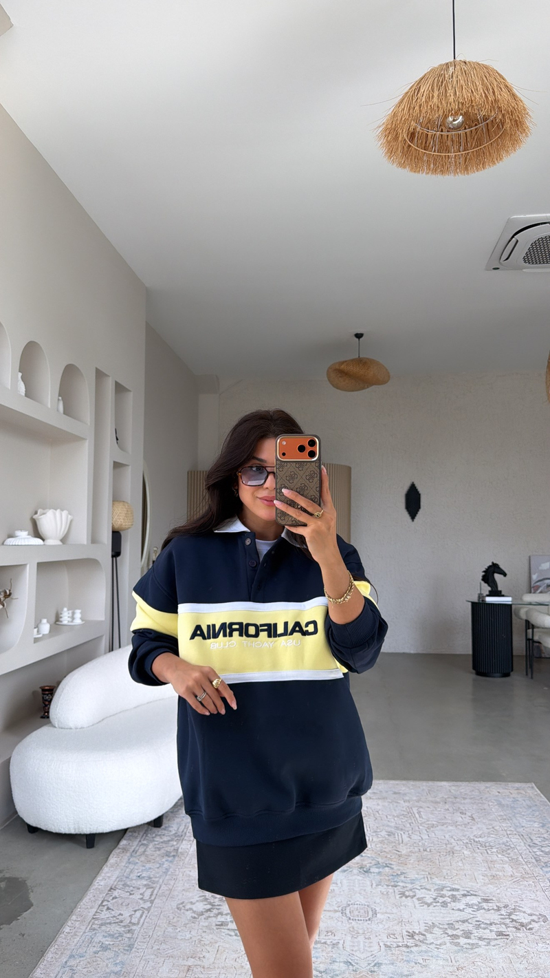 Lacivert Üç İplik Yakalı California Sweatshirt