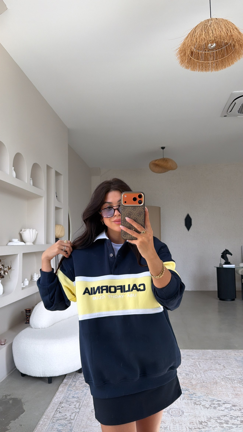 Lacivert Üç İplik Yakalı California Sweatshirt