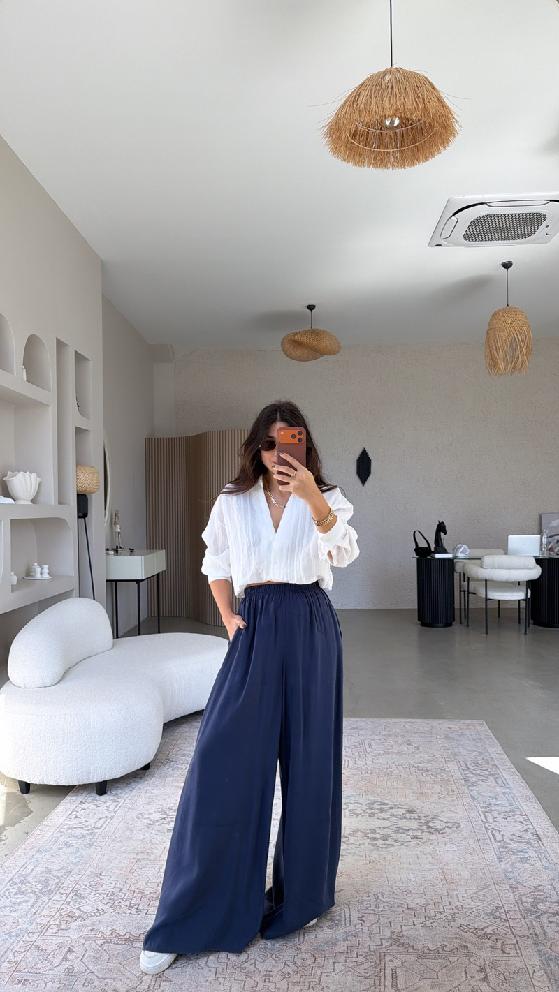 Lacivert Ultra Wide Leg Tensel Pantolon