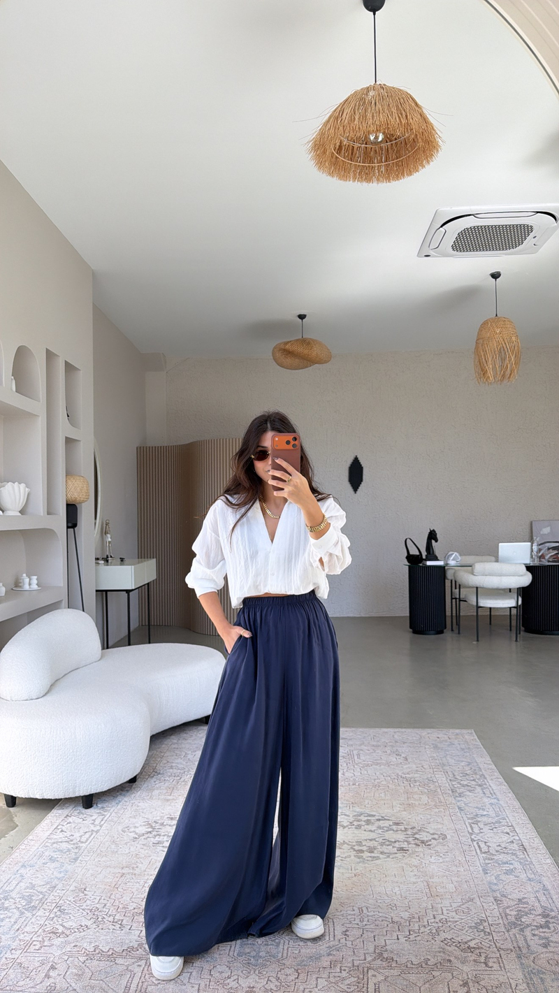 Lacivert Ultra Wide Leg Tensel Pantolon