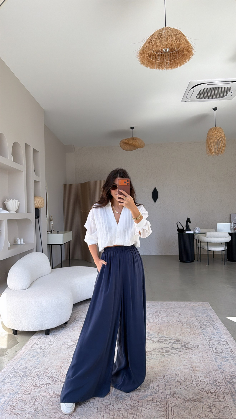 Lacivert Ultra Wide Leg Tensel Pantolon