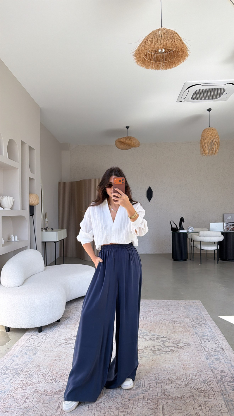 Lacivert Ultra Wide Leg Tensel Pantolon