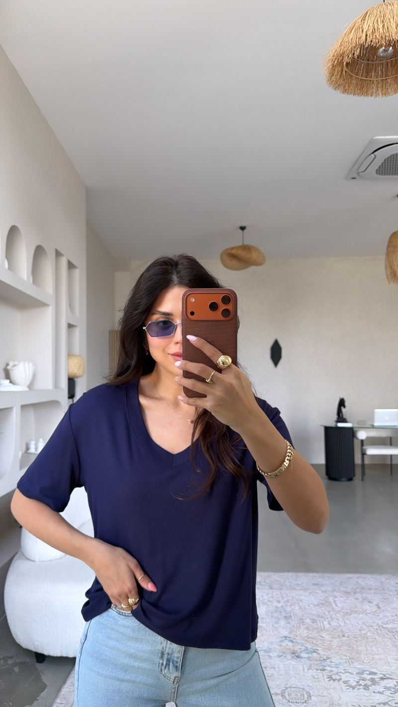 Lacivert V Yaka Kısa Kollu İthal Kumaş Tshirt