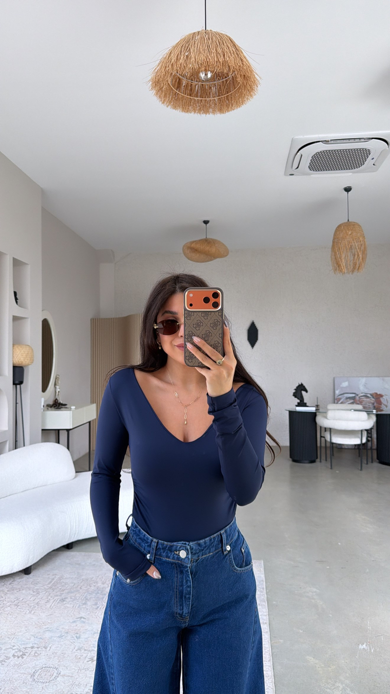 Lacivert V Yaka Polyamid Bodysuit