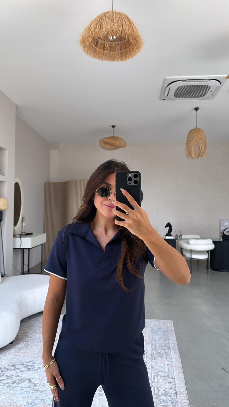 Lacivert Yakalı Biyeli Modal Takım