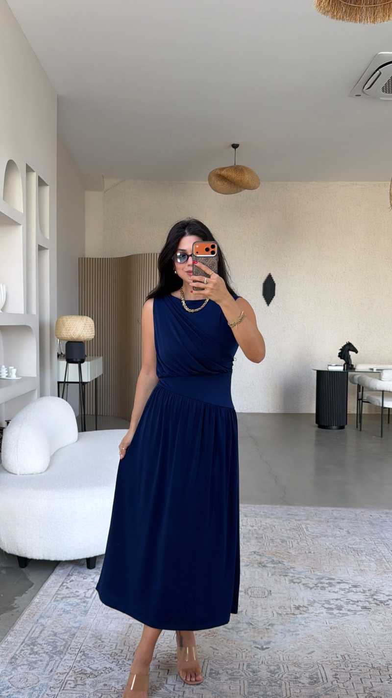 Lacivert ZR Model Drape Detaylı Midi Elbise
