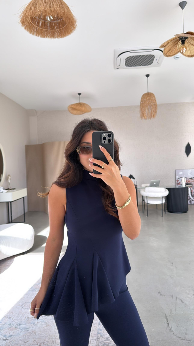 Lacivert ZR Model Likralı Krep Kumaş Volanlı İspanyol Takım