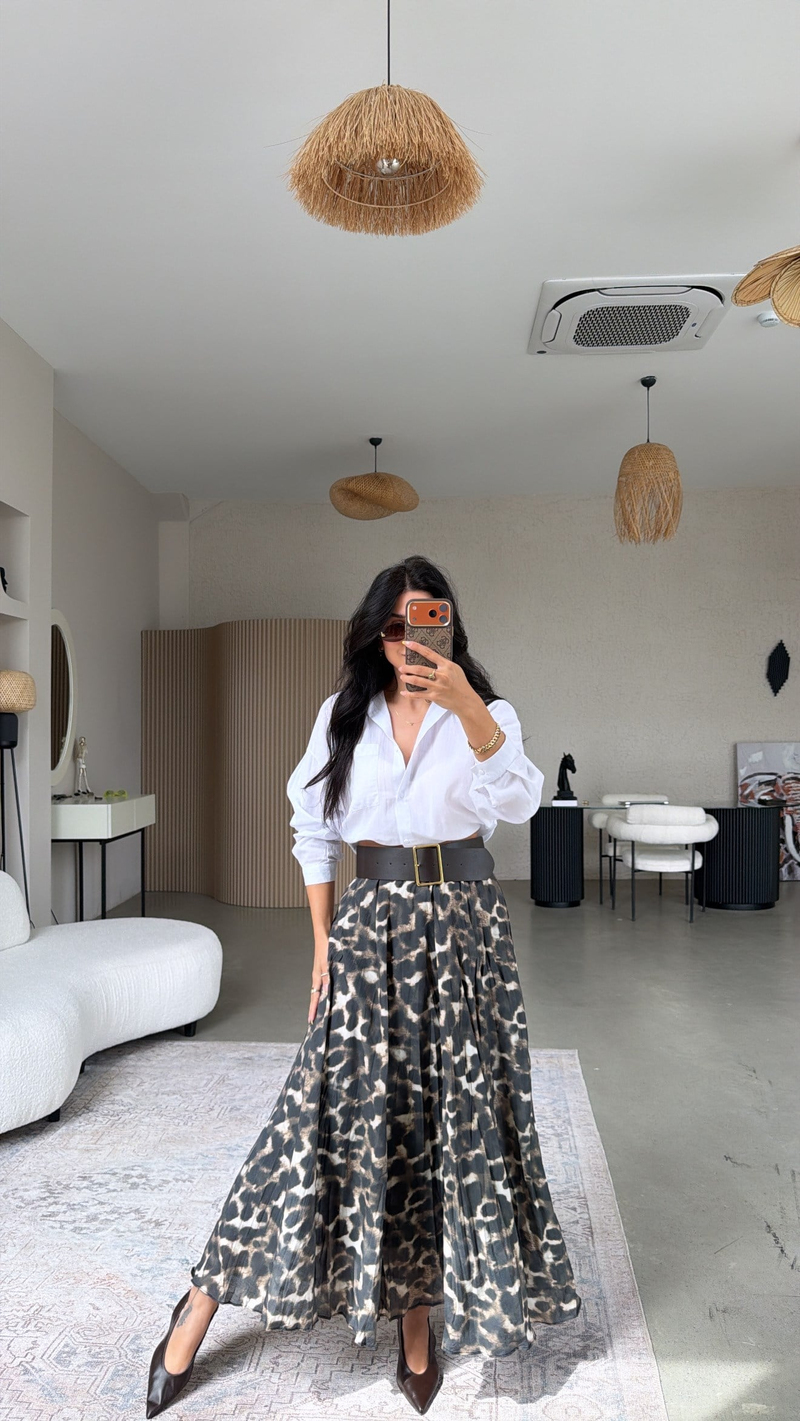 Leopar Astarlı Kemerli Maxi Etek