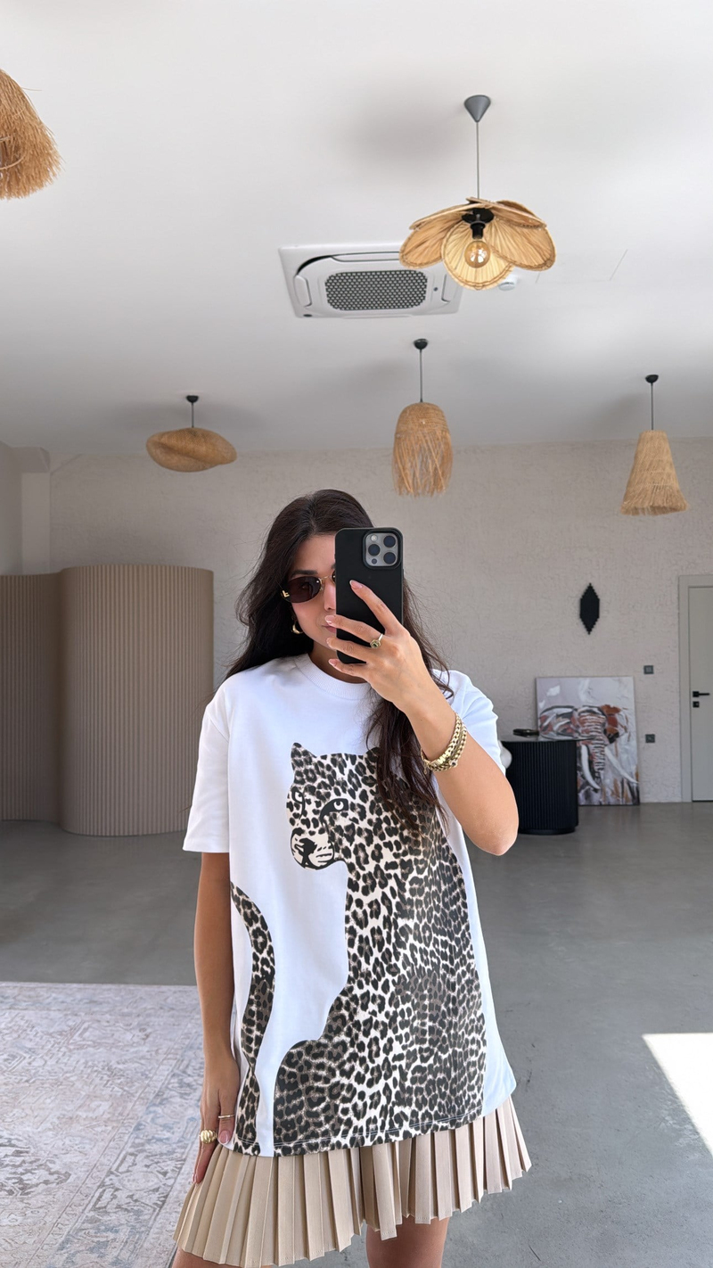 Leopar Baskılı Pamuklu Uzun Tshirt