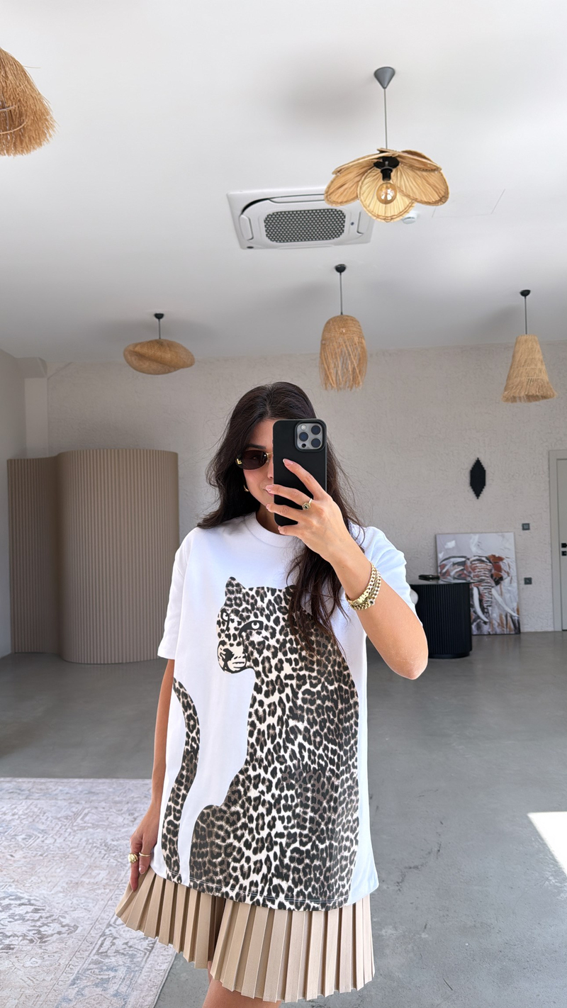 Leopar Baskılı Pamuklu Uzun Tshirt