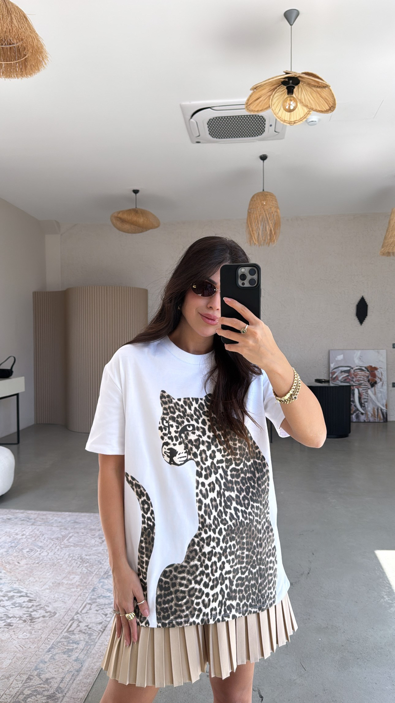 Leopar Baskılı Pamuklu Uzun Tshirt