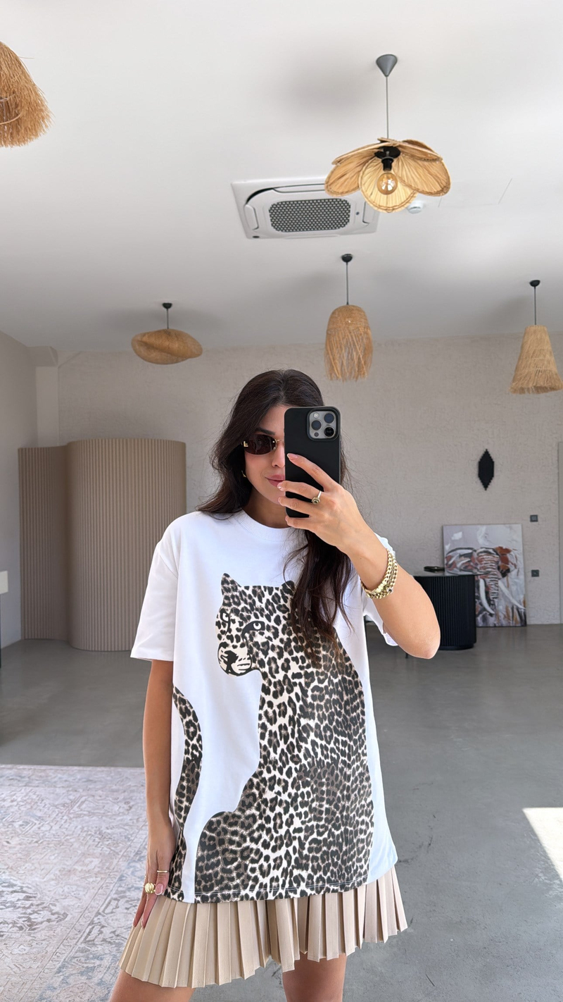 Leopar Baskılı Pamuklu Uzun Tshirt