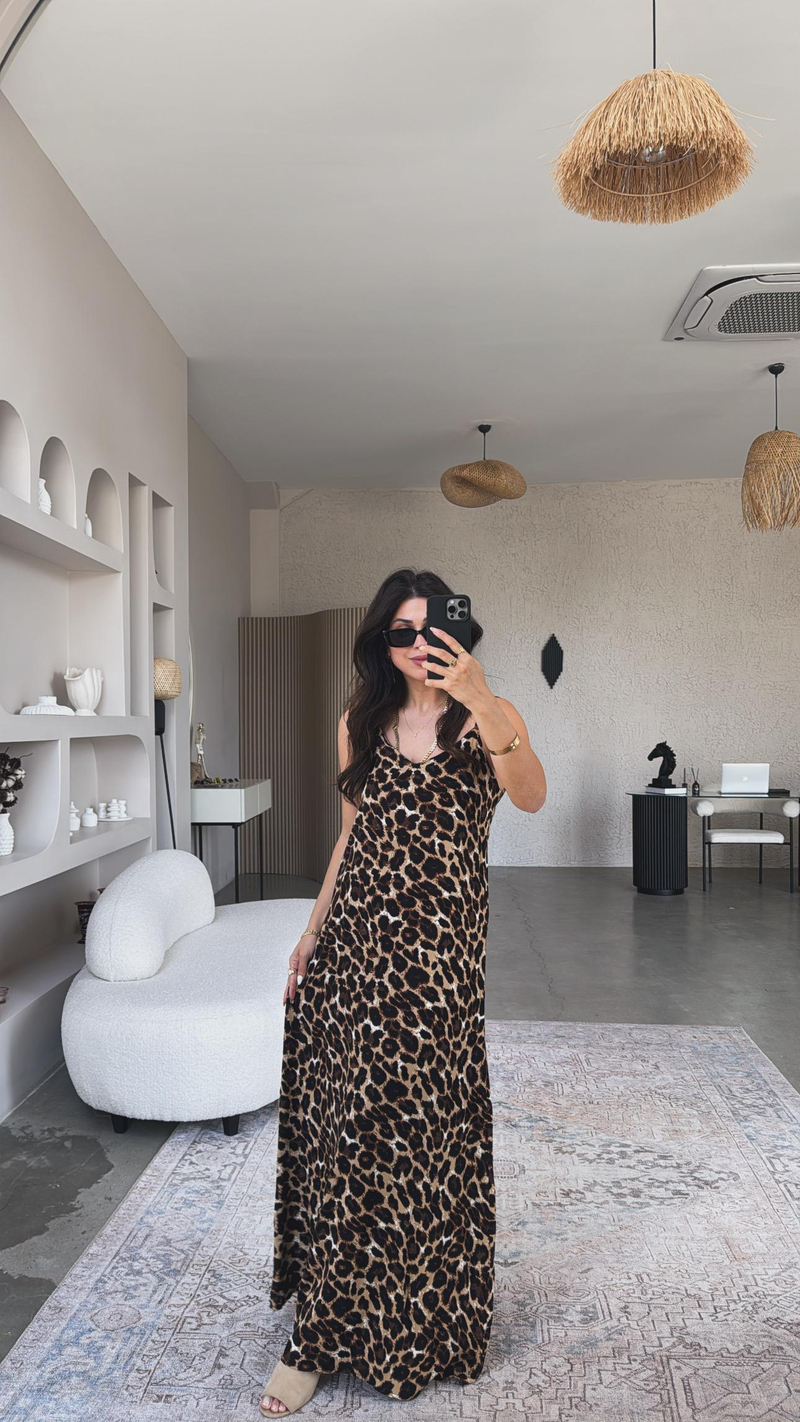 Leopar Desenli Askılı Viskon Elbise