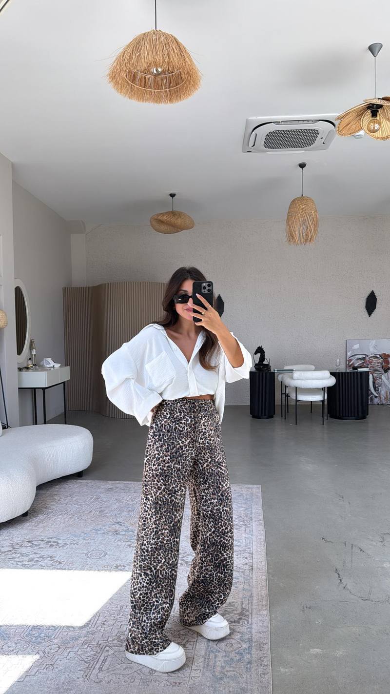 Leopar Desenli İpek Saten Pantolon