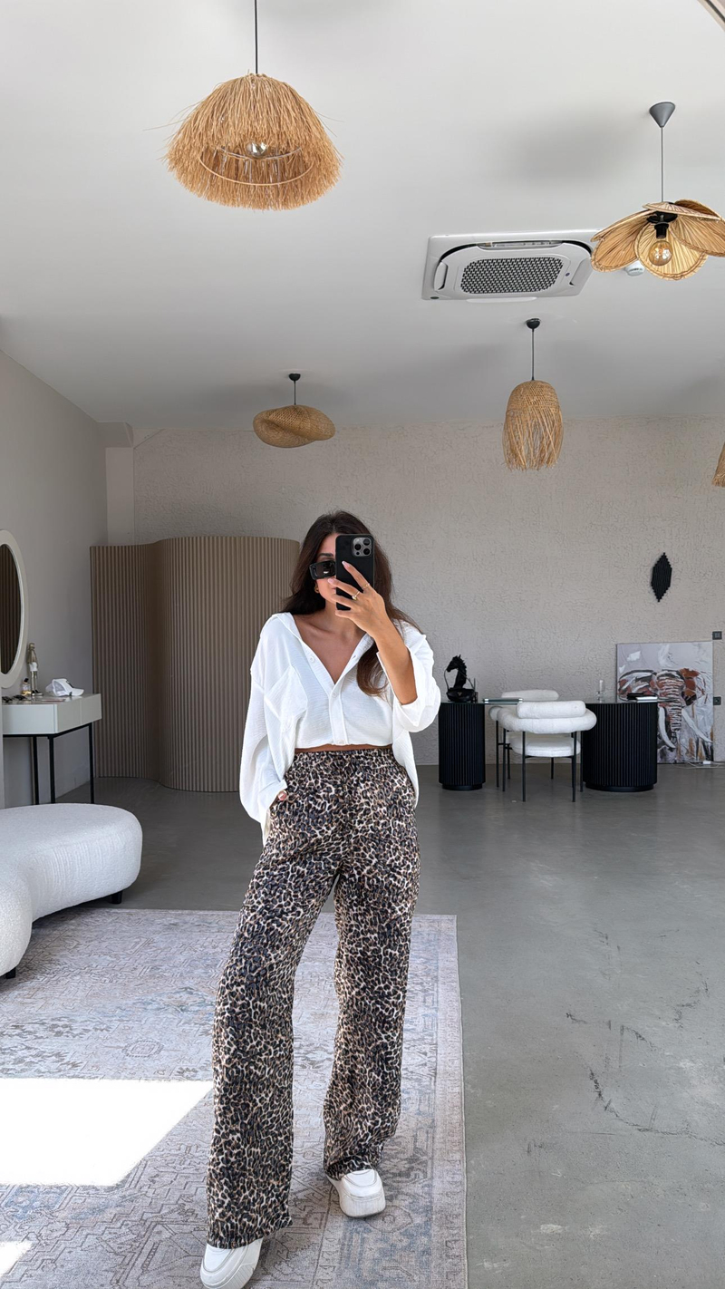 Leopar Desenli İpek Saten Pantolon