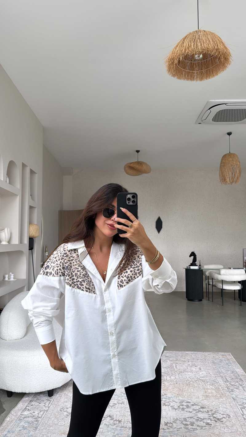 Leopar Detaylı Premium Poplin Gömlek