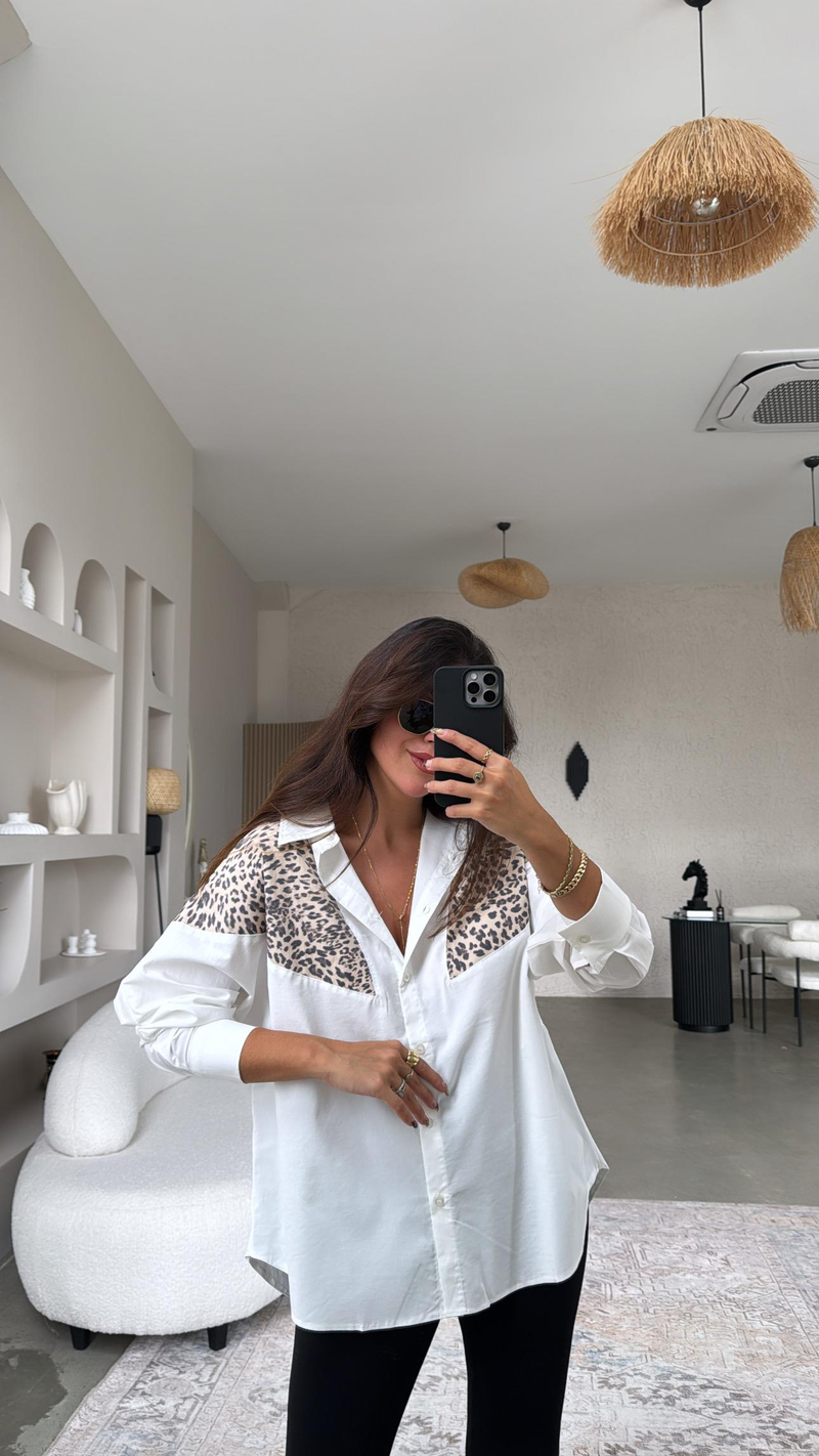 Leopar Detaylı Premium Poplin Gömlek