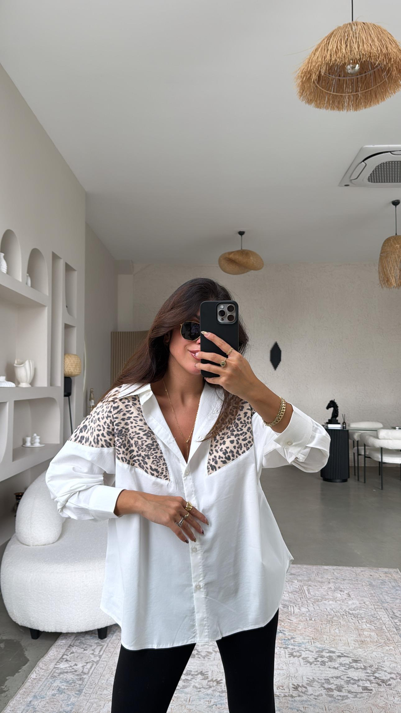 Leopar Detaylı Premium Poplin Gömlek