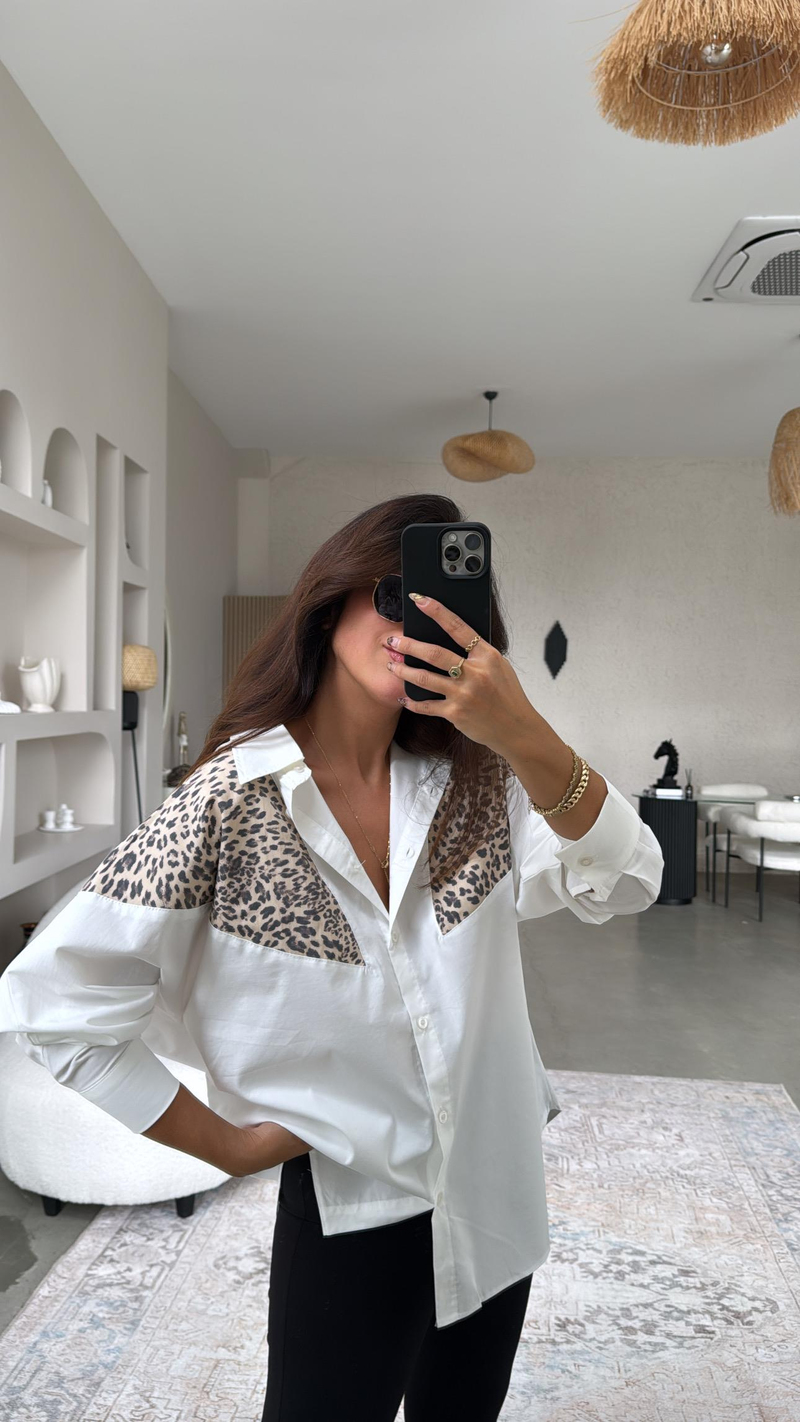 Leopar Detaylı Premium Poplin Gömlek