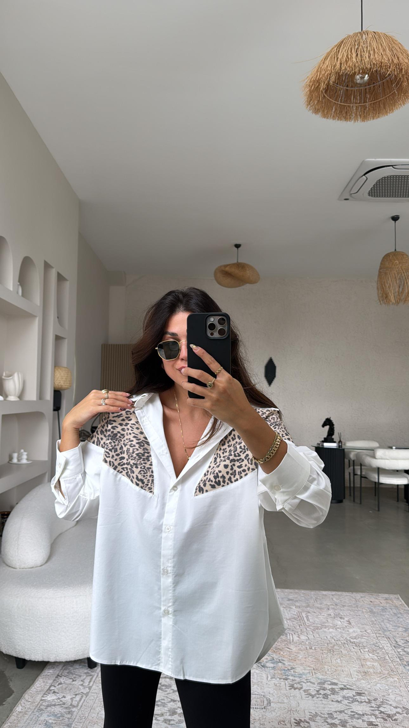 Leopar Detaylı Premium Poplin Gömlek