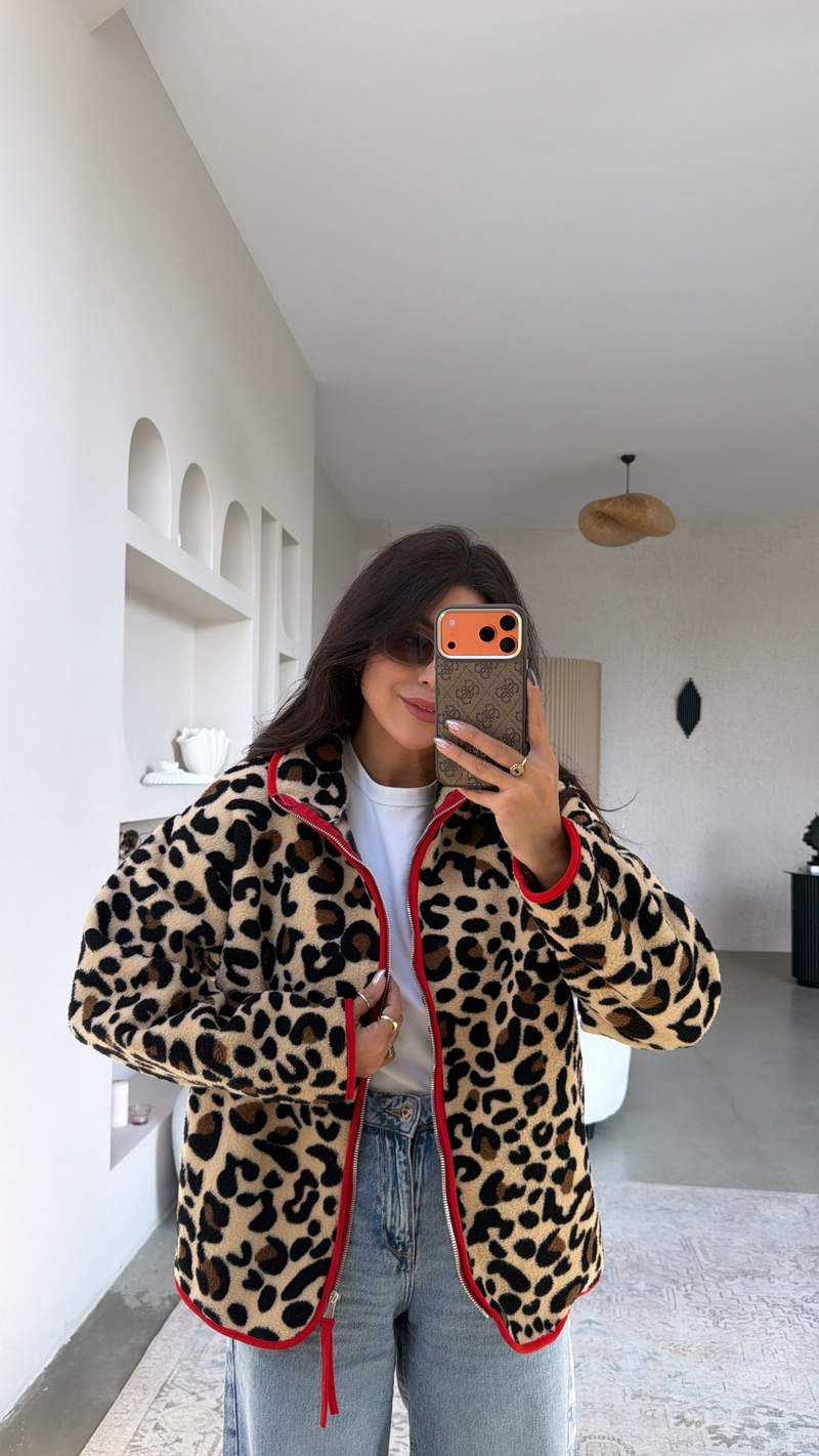 Leopar Kırmızı Biyeli Polar Ceket