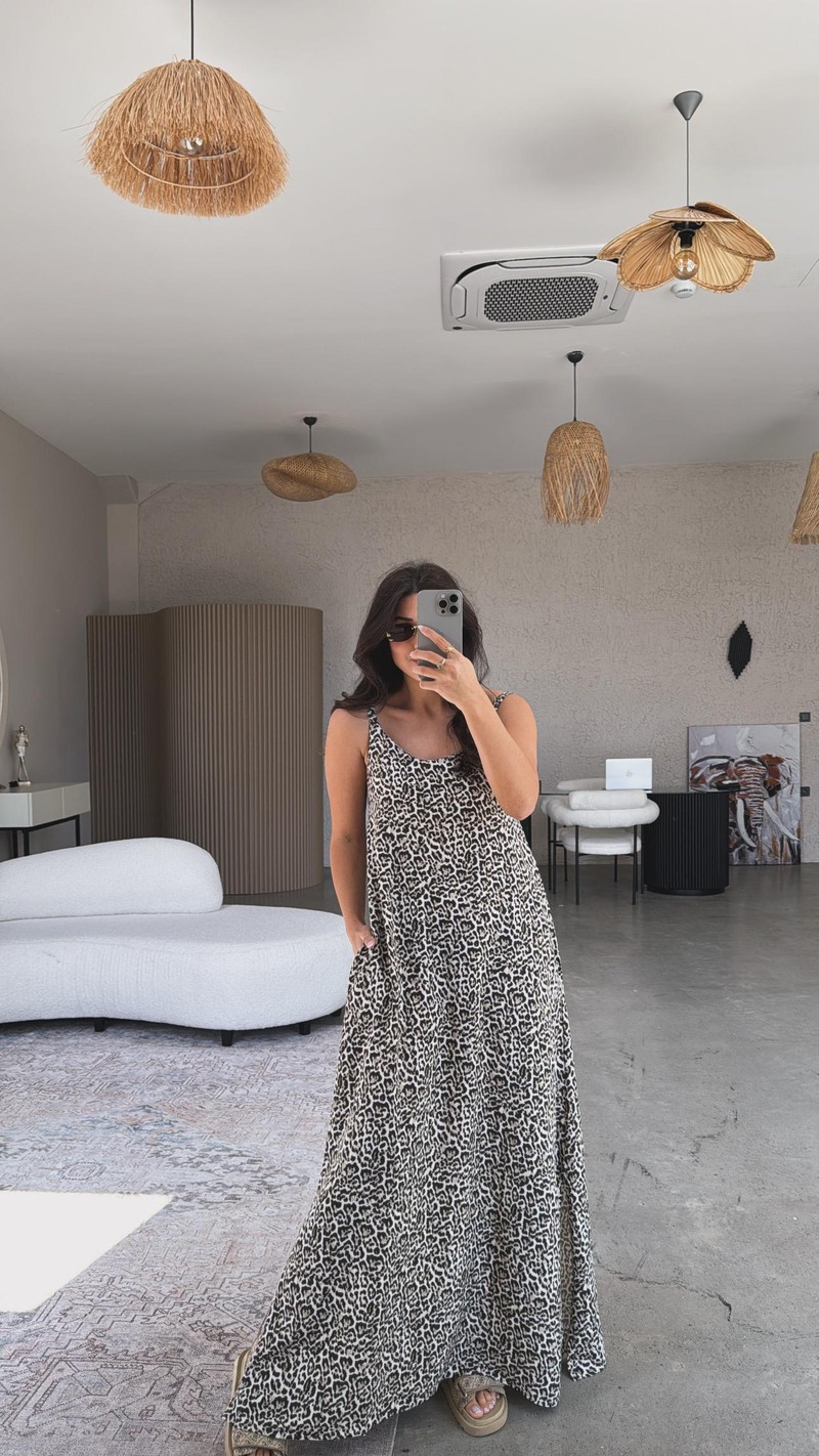Leopar Yıkamalı Keten Maxi Elbise